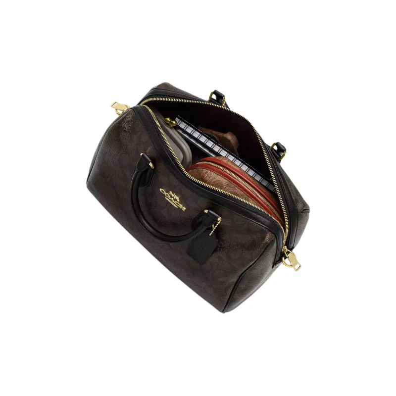 COACH Rowan Coated Canvas Crossbody One Shoulder Handbags Large Size Women's Walnut Wood With Black Accents-3