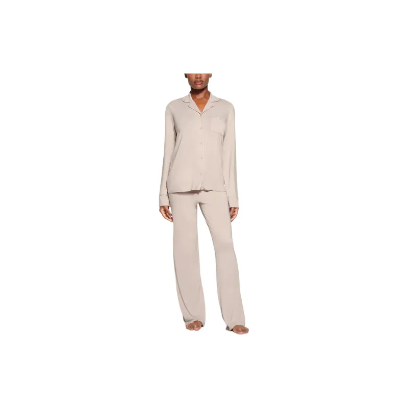 SKIMS SLEEP LONG SLEEVE BUTTON UP SET Pajama Set Women's STONE/Stone Color-1