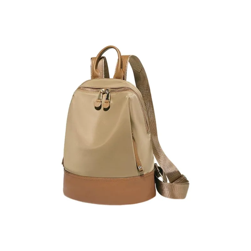 Marino Orlandi Fabric With Leather Patchwork Nylon Fabric Backpack Medium Size Women's Black/Khaki/Apricot-32