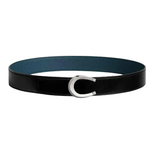 HERMES Calfskin Leather Belts Men's Black Width  3.8CM