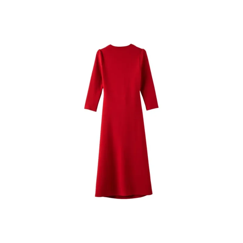 Late White Long Sleeved Dress Women's Red-2