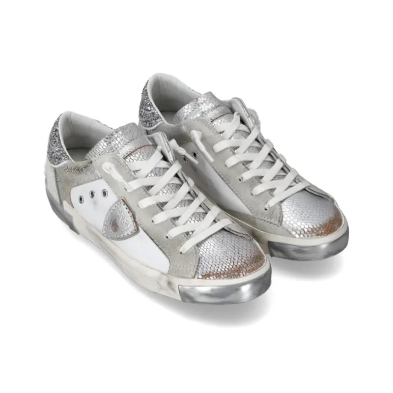 PHILIPPE MODEL Prs Low-Top Skateboard Shoes Women's White Silver-1