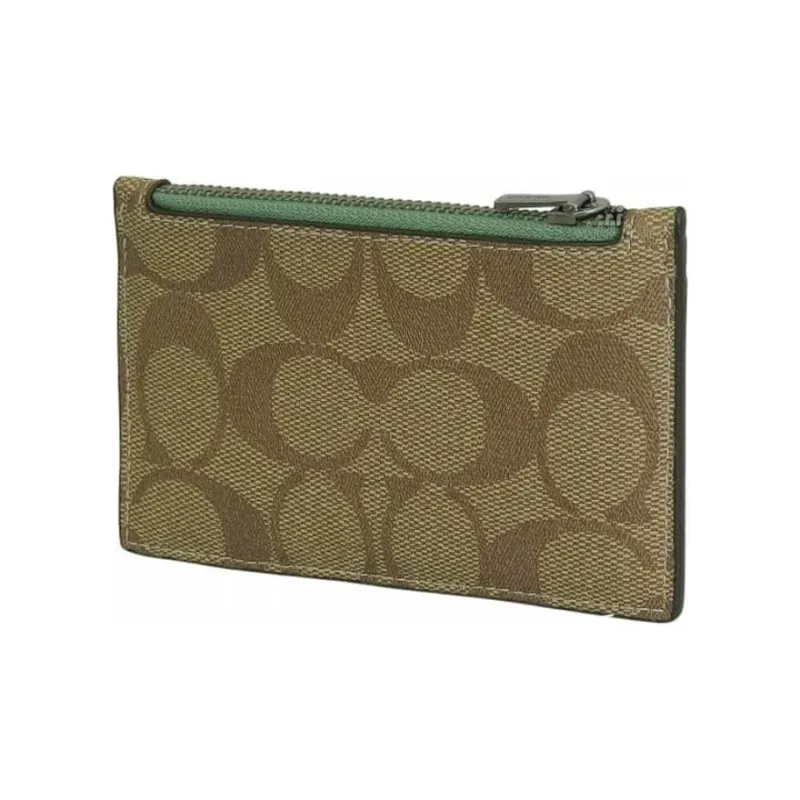 COACH Card Case Signature Coated Canvas With Exquisite Calfskin Wallet Mini Men's Khaki & Light Green-3