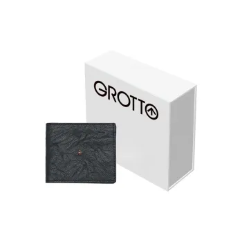 GROTTO Hand Rubbed Sheepskin Cropped Thin Wallet Card Holder Unisex Classic Black, Small Boy/Horse