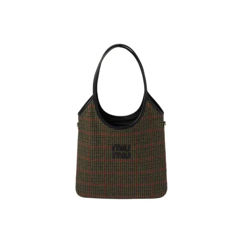 MIU MIU Plaid Velvet Tote Bag Shopping Bag Handbag Women's Green With Dark Green Accents