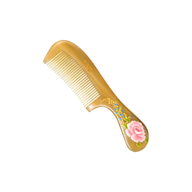 Cow Daddy Thickened Edition Painted Peony Sheep Horn Box Comb Smooth Hair Scalp Massage-1
