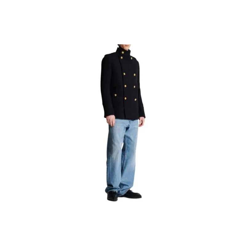 BALMAIN High Neck Double-Breasted Peacoat-3