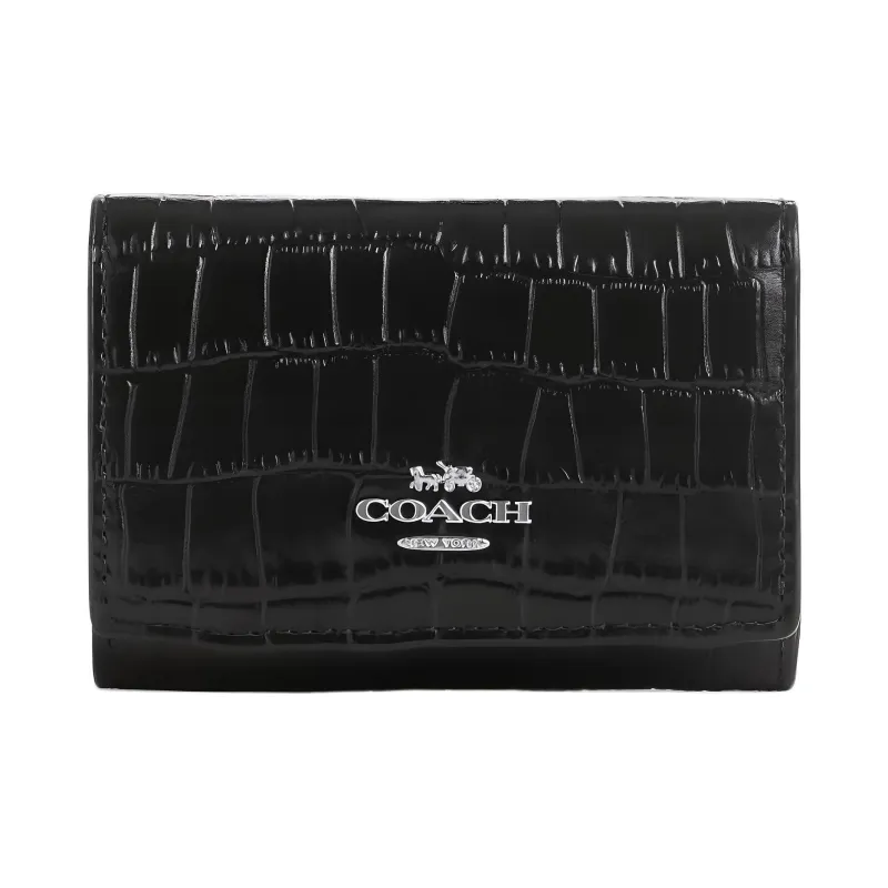 COACH Micro Crocodile Embossed Leather Wallet Mini Women's Silver & Black-0