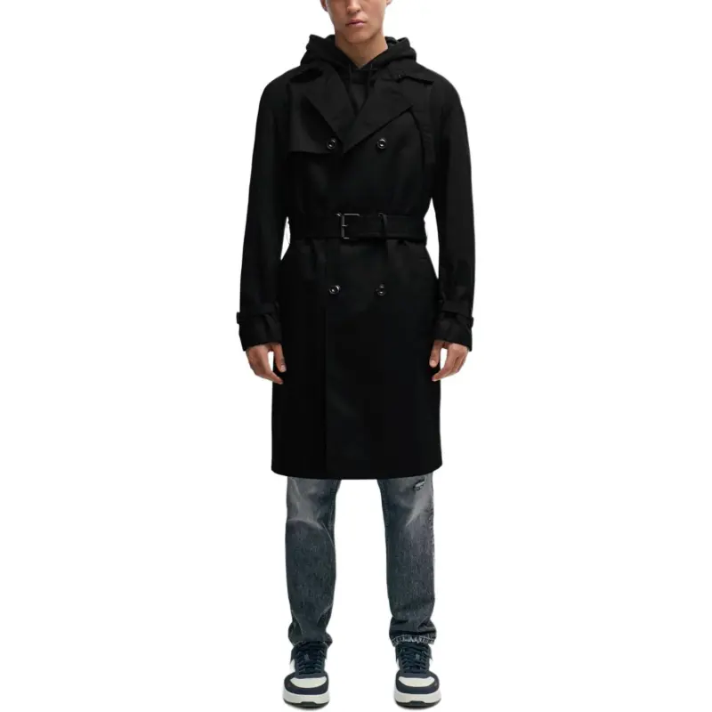 HUGO BOSS Water Repellent Trench Coat With Buckled Belt Trench Coat Men's Black-1