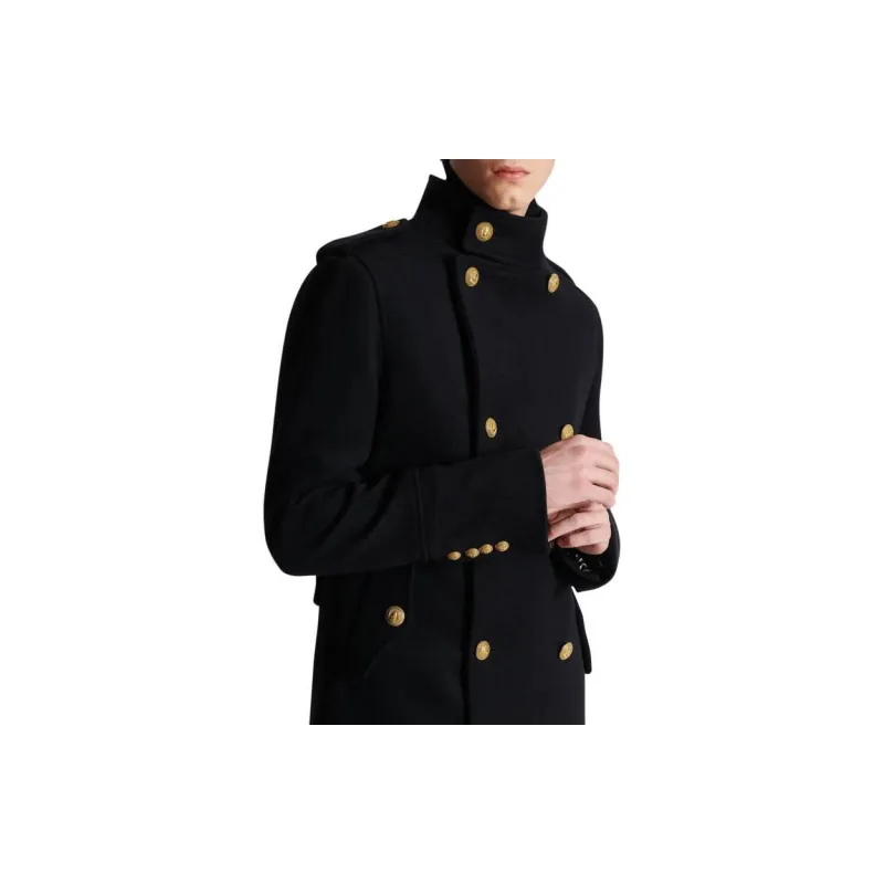 BALMAIN High Neck Double-Breasted Peacoat-4