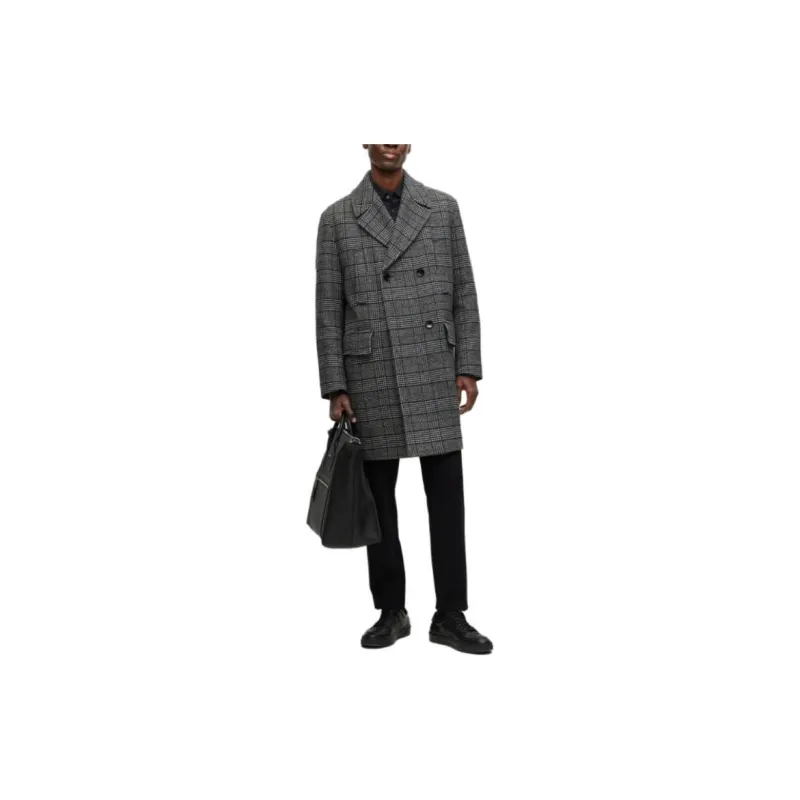 HUGO BOSS Casaco Relaxed-Fit Em Mistura De Lã Xadrez Coats Men's Black-3