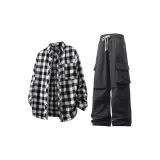 Set (Black White Plaid Top+Black Pants)
