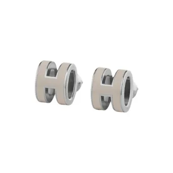 HERMES Lacquered Metal Stud Earrings Women's Ice Brown Silver Trim