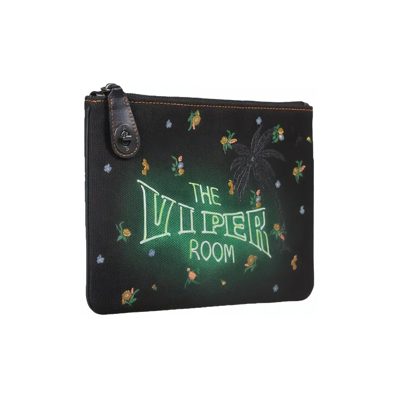 COACH Turnlock Cotton-Linen Blend Clutch Medium Size Women's Black-1