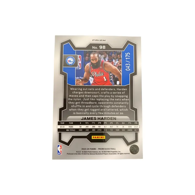 PANINI James Harden 2023 24 Prizm White Fold 043/175, Basketball Card, Card Product Access Sports Cards 1 Pc-2