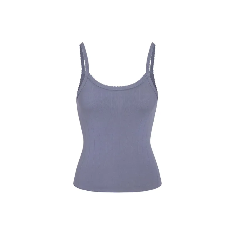 SKIMS DROP NEEDLE POINTELLE LONG CAMI Tank Top Women's STEEL BLUE/Steel Blue-0