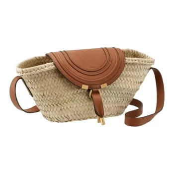Chloe Marcie Raffia Shoulder Bag, Crossbody Bag, Handbag Small Size Women's Beige & Brown