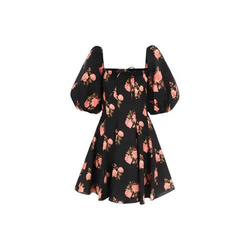 Selkie Short-Sleeved Dresses Women's Black Night Pink Rose Print