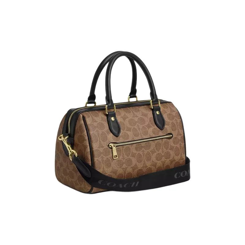 COACH Rowan Coated Canvas Shoulder Bag Crossbody Bag Handbag Medium Size Women's Tan & Black-1