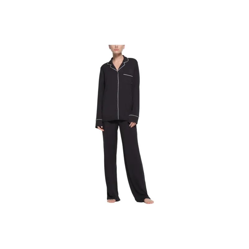 SKIMS SLEEP LONG SLEEVE BUTTON UP SET Pajama Set Women's Onyx Marble Trim/Agate Marble Decoration-1