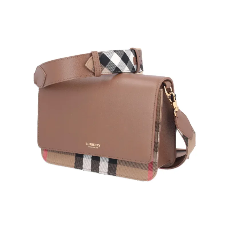 Burberry Leather Crossbody Bag, Shoulder Bag Women's Plaid Brown & Beige-3