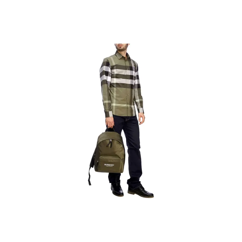 Burberry Mens Check Collar Long-Sleeve Shirt Olive Green-3
