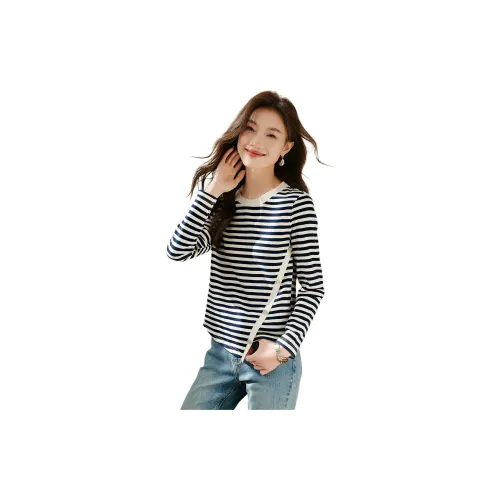 Mo Han Yi Mei T-Shirts Women's Navy Blue Stripes