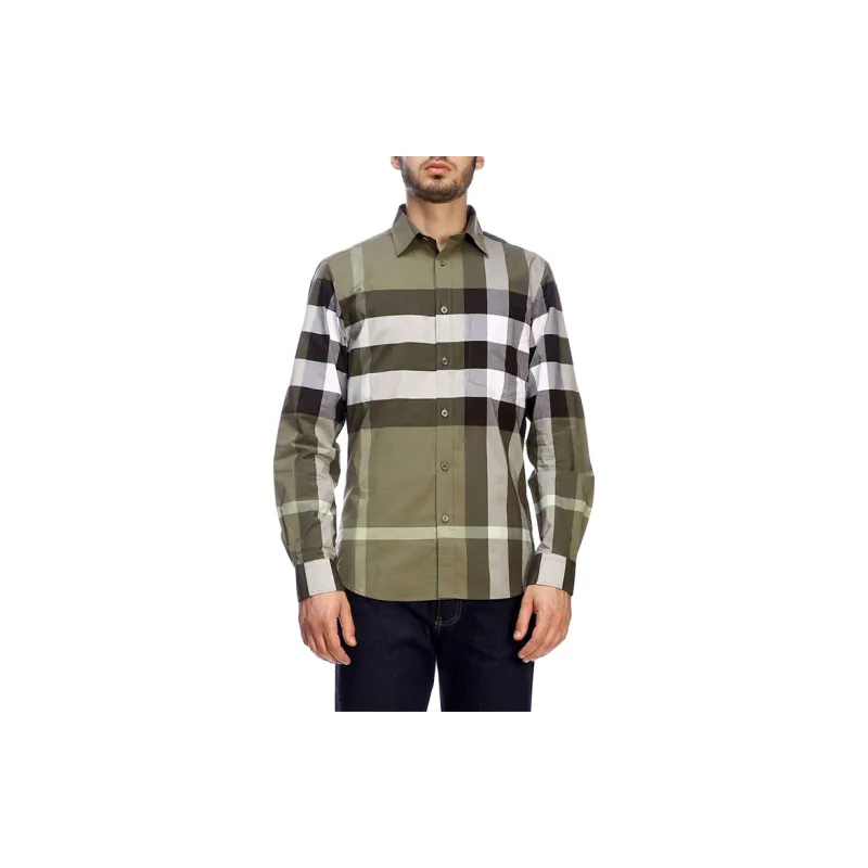 Burberry Mens Check Collar Long-Sleeve Shirt Olive Green-1