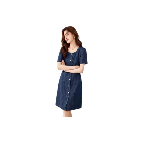 Mo Han Yi Mei Short-Sleeved Dresses Women's Denim Blue