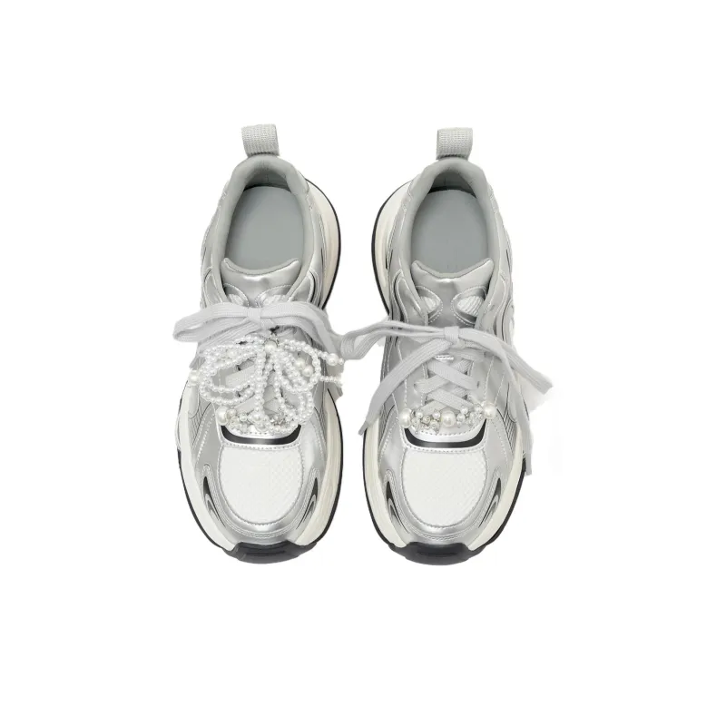 VITTORIO VENTURA Low Top Chunky Sneakers Women's Silver Black White-2