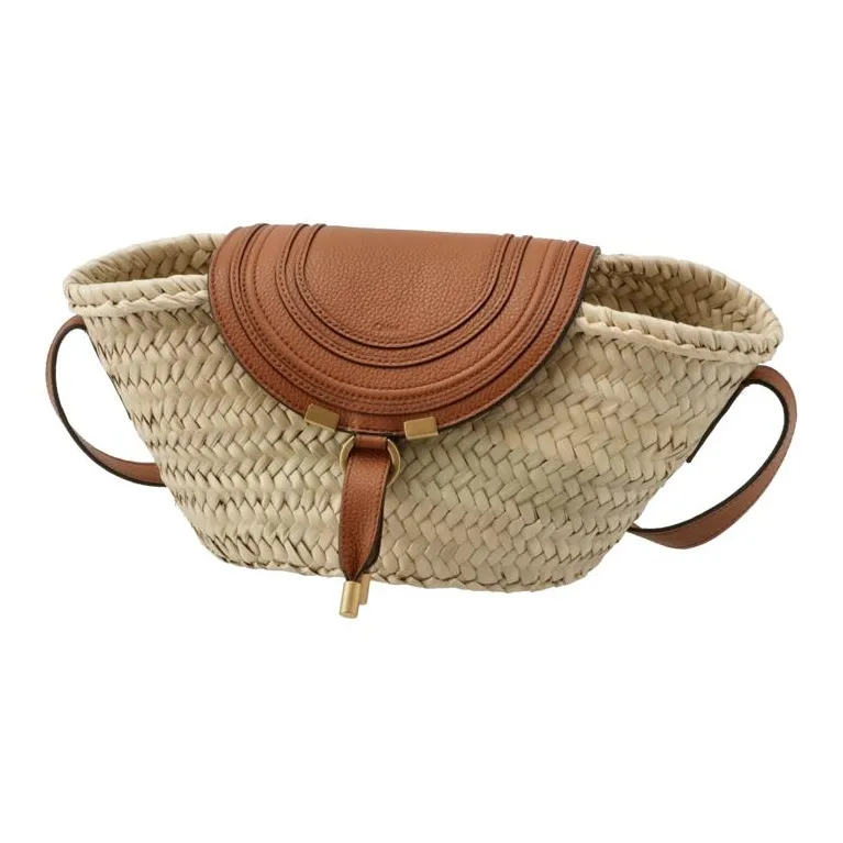 Chloe Marcie Raffia Shoulder Bag, Crossbody Bag, Handbag Small Size Women's Beige & Brown-1