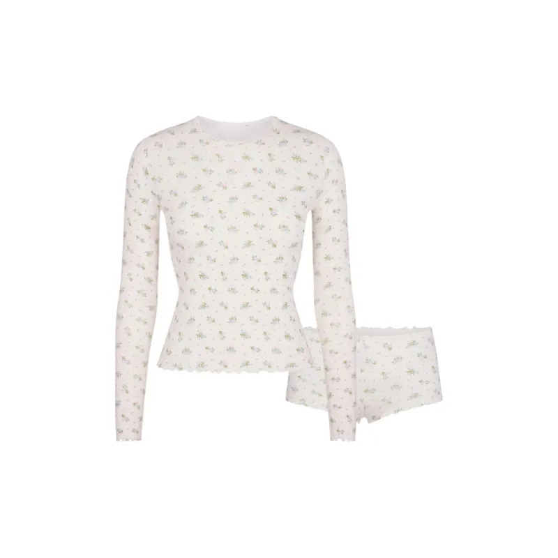 SKIMS LOGO POINTELLE LONG SLEEVE SET Pajama Set Women's Marble Floral Print-0