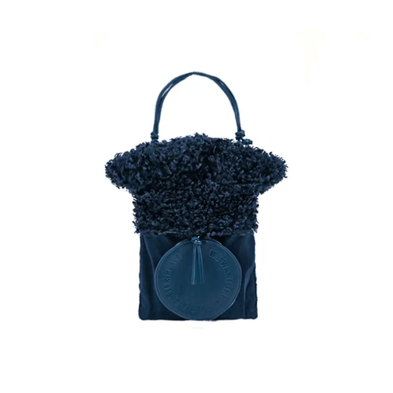 MUYSO Faux Fur Handbag Women's Ink Blue Black-2
