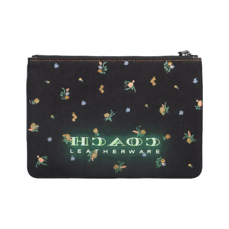 COACH Turnlock Cotton-Linen Blend Clutch Medium Size Women's Black-3
