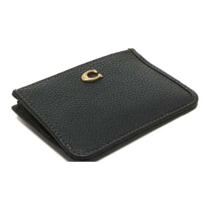 COACH Mini Id Skinny Polished Grained Leather ID Card Holder Wallet Mini Women's Brass & Black-2