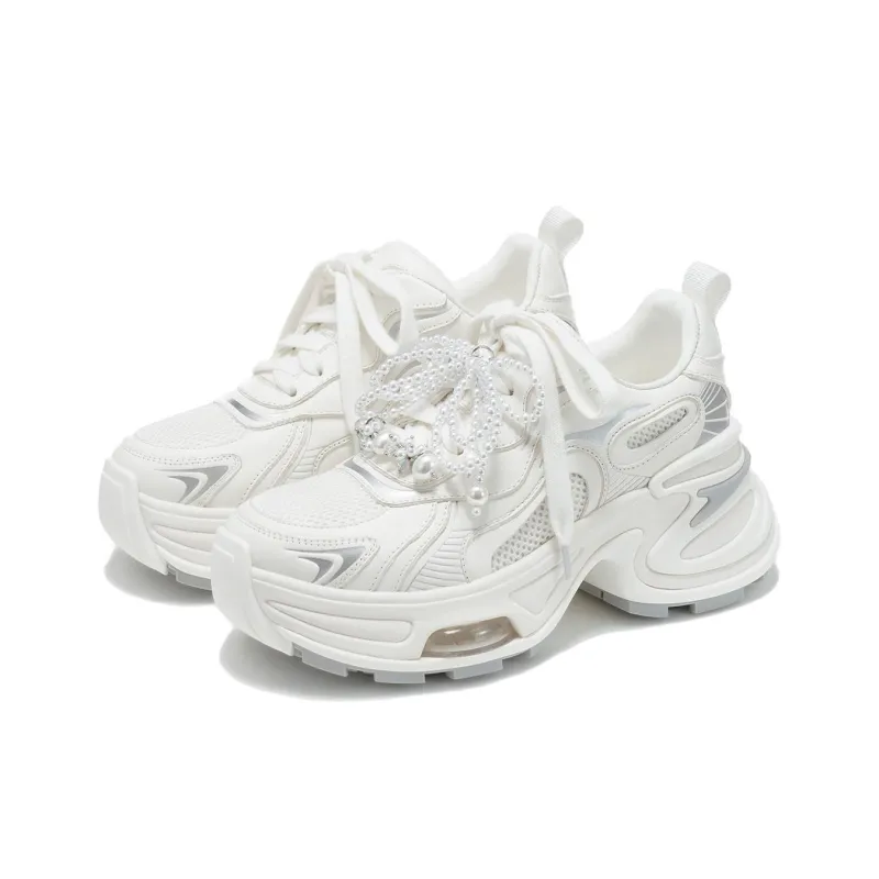 VITTORIO VENTURA Low Top Chunky Sneakers Women's White Silver-1