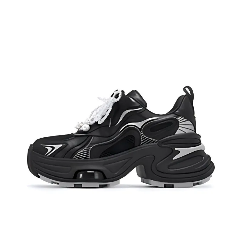 VITTORIO VENTURA Wear Resistant Low Top Chunky Sneakers Women's Black Silver-0