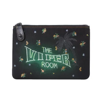 COACH Turnlock Cotton-Linen Blend Clutch Medium Size Women's Black