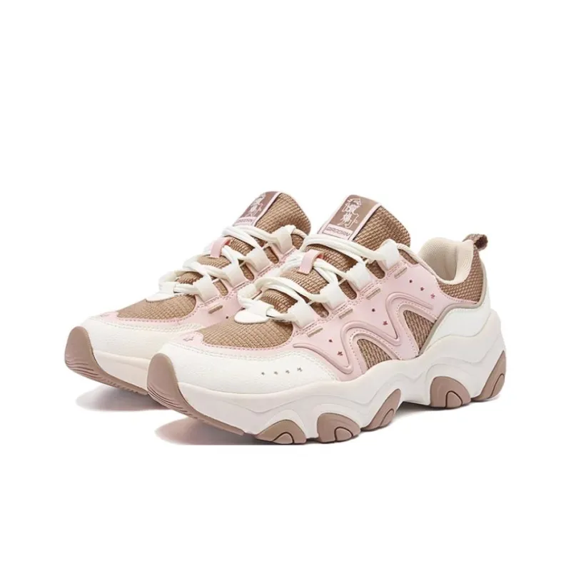 QIAODAN Breathable Lightweight Low Top Chunky Sneakers Women's White Peach Pink-1