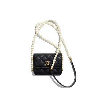 CHANEL Calfskin Card Holder Coin Purse Shoulder Bag Crossbody Bag Necklace Pouch Small Size Women's Black