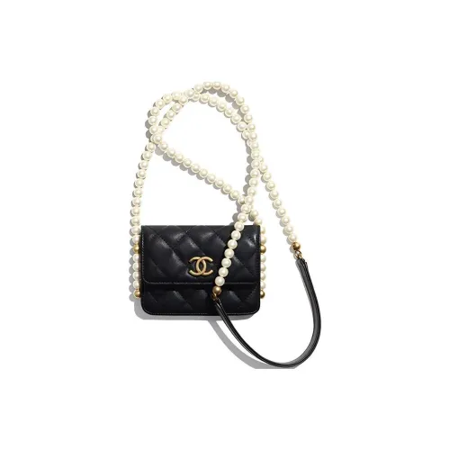 CHANEL Calfskin Card Holder Coin Purse Shoulder Bag Crossbody Bag Necklace Pouch Small Size Women's Black