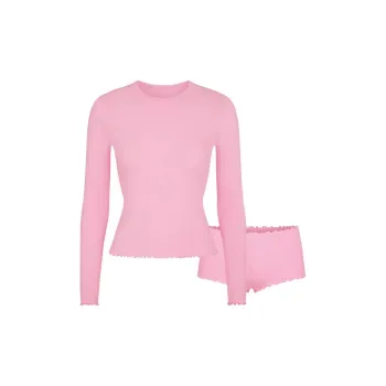 SKIMS LOGO POINTELLE LONG SLEEVE SET Pajama Set Women's BUBBLE GUM/Bubble Gum Pink Color