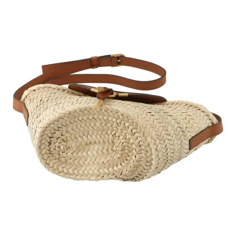 Chloe Marcie Raffia Shoulder Bag, Crossbody Bag, Handbag Small Size Women's Beige & Brown-3