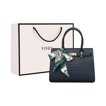 VINEY Cow Leather Handbag Large Size Women's Blue Black