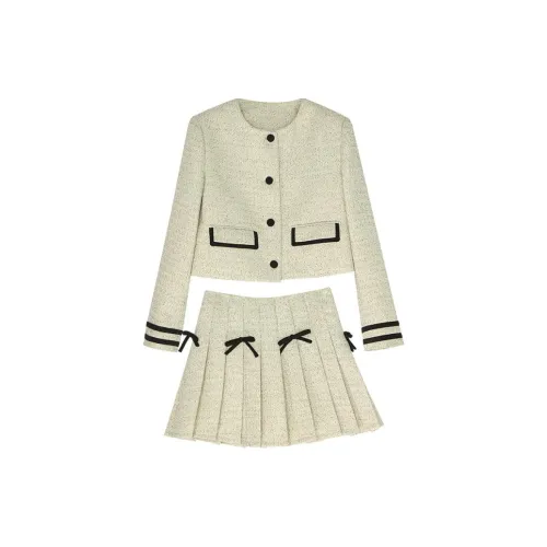 Summer Hooray Two Piece Skirt Sets Women's Beige/Black Mixed Color Jackets Coats+Skirts