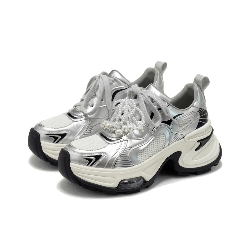 VITTORIO VENTURA Low Top Chunky Sneakers Women's Silver Black White-1