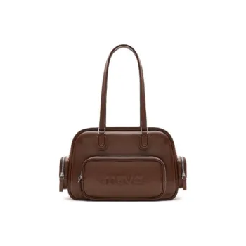 MUVA Cow Leather Handbag Shoulder Bag Large Size Women's Smoky Tea Brown/Twilight Black