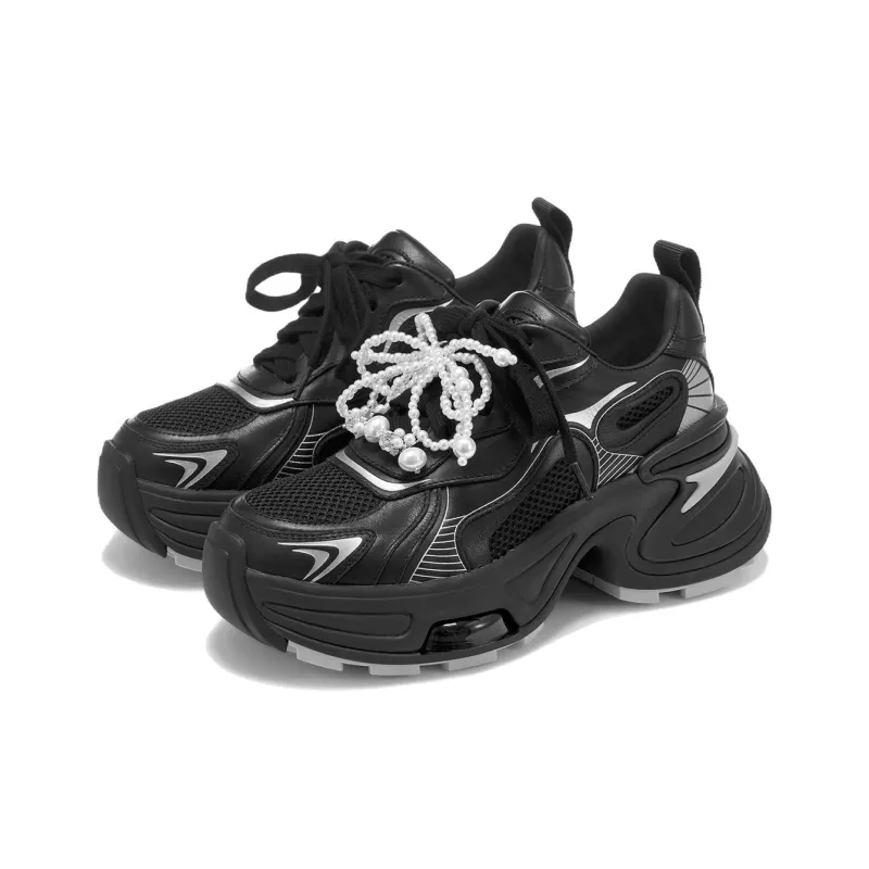 VITTORIO VENTURA Wear Resistant Low Top Chunky Sneakers Women's Black Silver-1