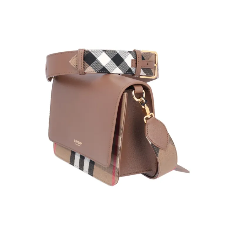 Burberry Leather Crossbody Bag, Shoulder Bag Women's Plaid Brown & Beige-4