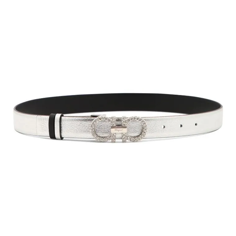 FERRAGAMO Calfskin Leather Belts Women's Silver Width: 2.5CM-0